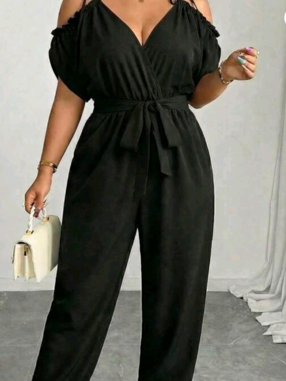 SHEIN Black Cold-Shoulder Wrap Tie-Waist Jumpsuit